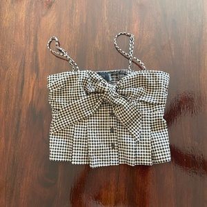 VICI Gingham Cropped Babydoll Shirt with Bow